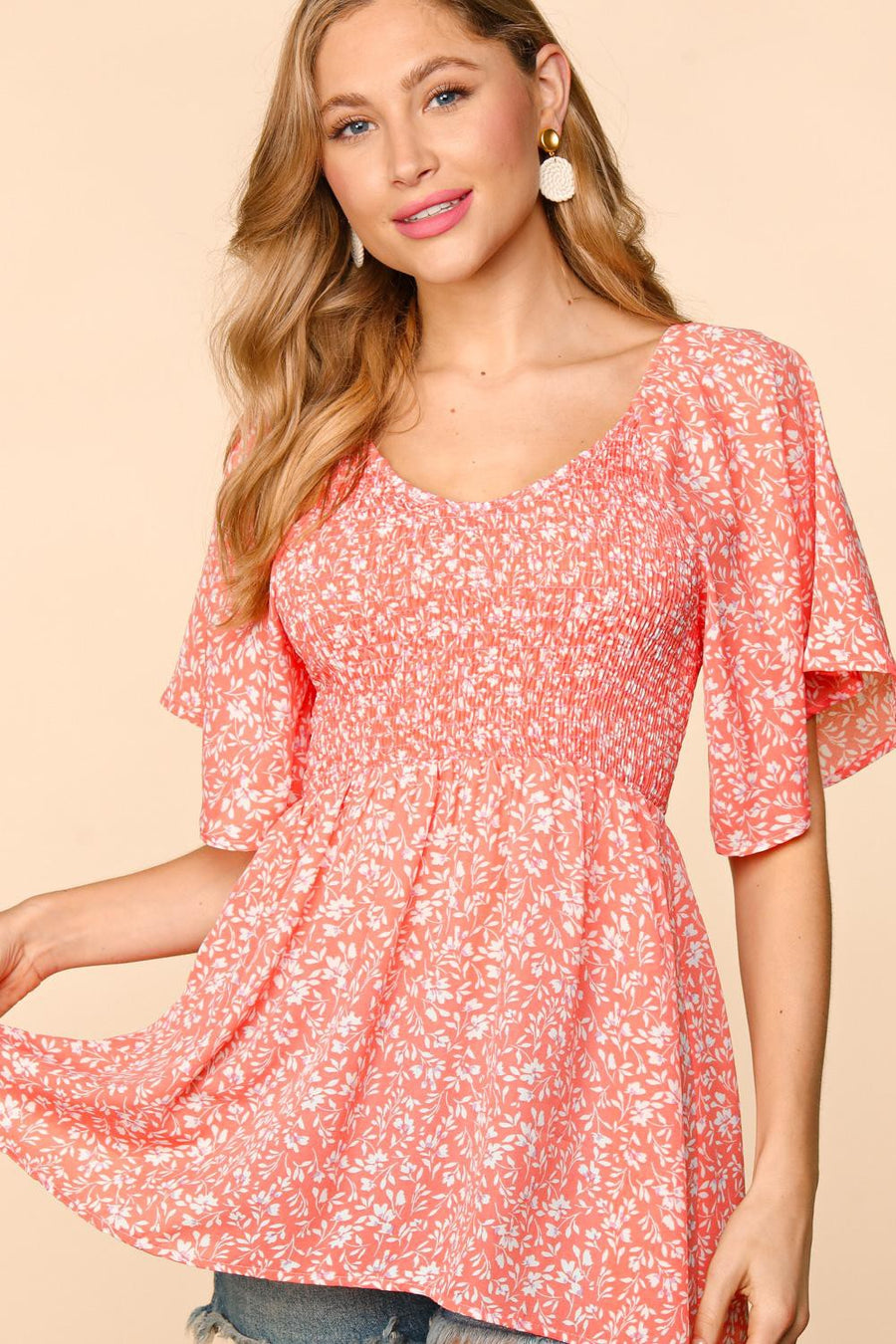 Small Peach Floral Smocked Blouse