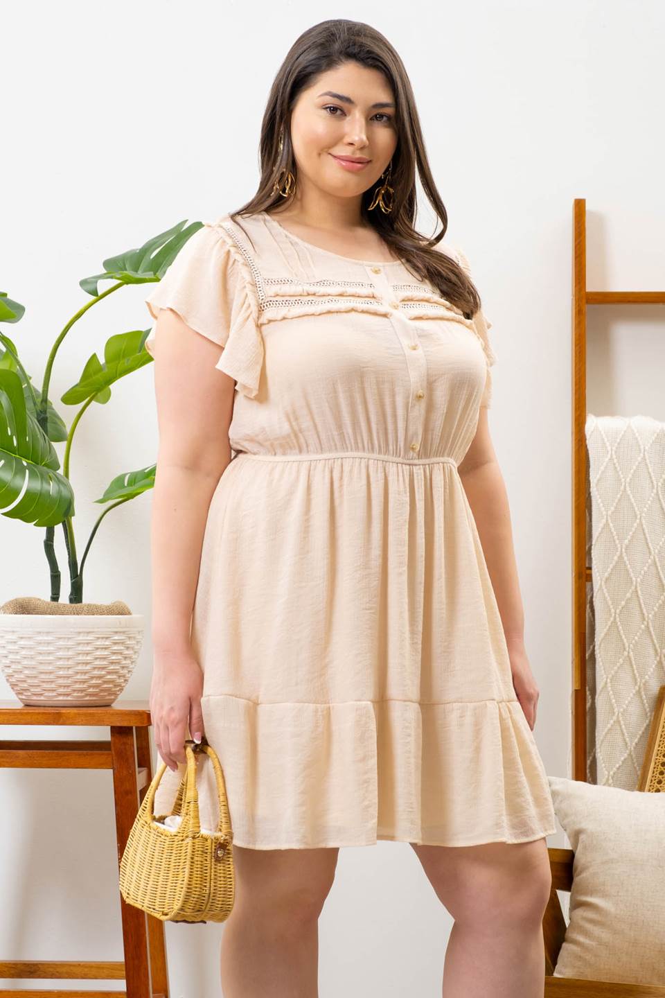 Taupe Flutter Sleeve Mini Dress