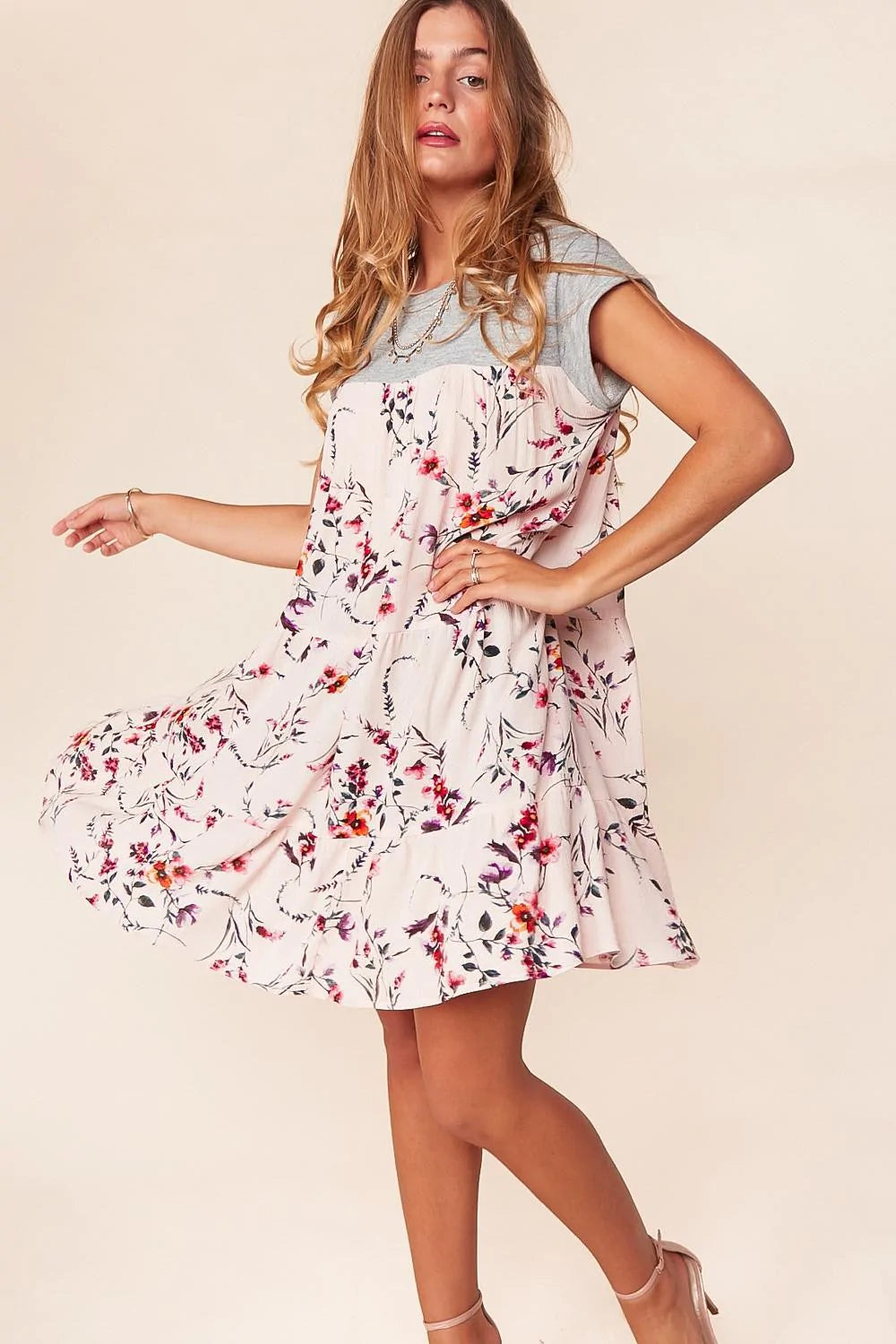 PLUS Grey & Blush Floral Rayon Dress