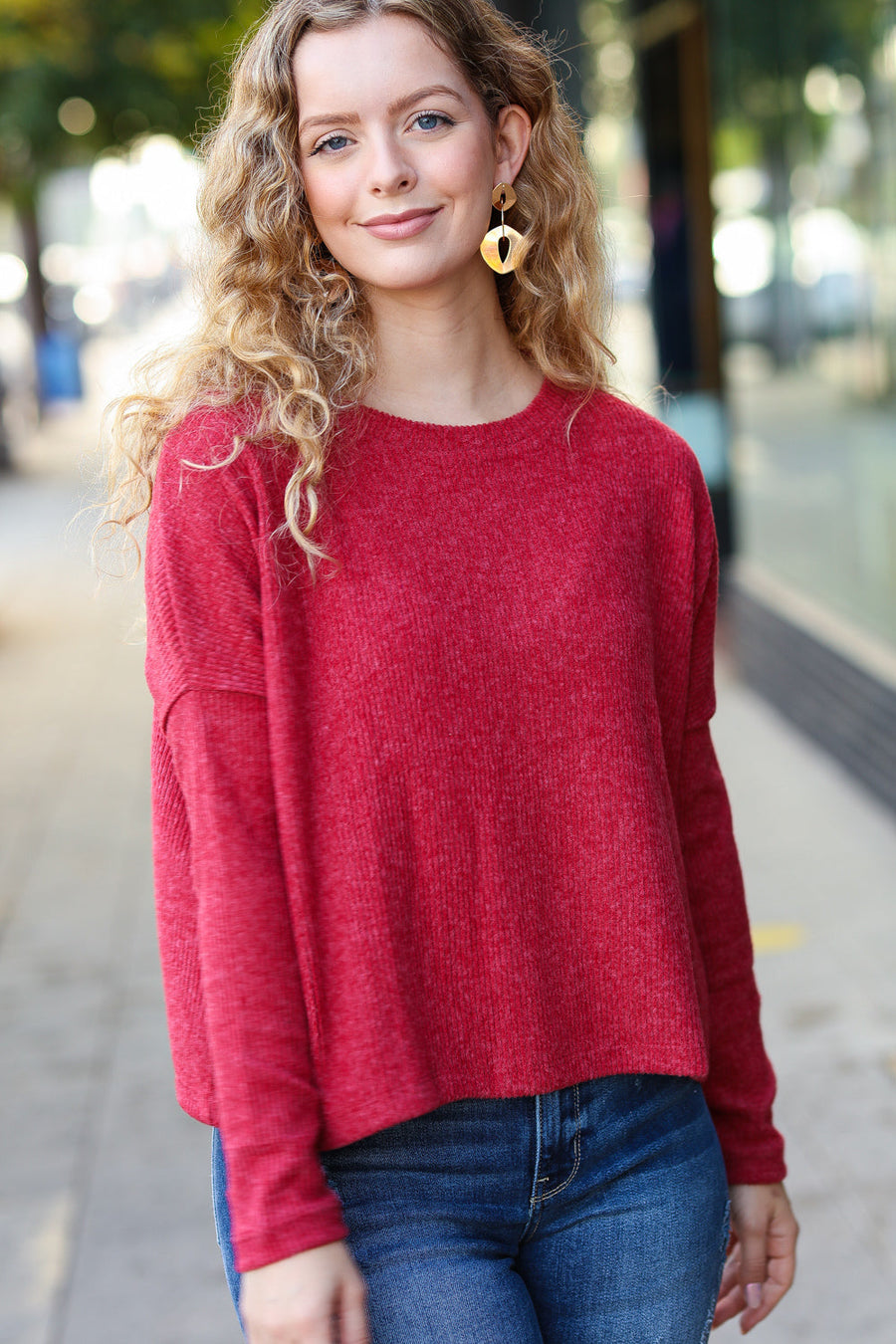 Red Ribbed Dolman Crop Sweater