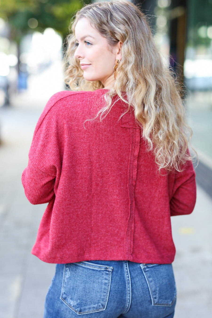 Red Ribbed Dolman Crop Sweater