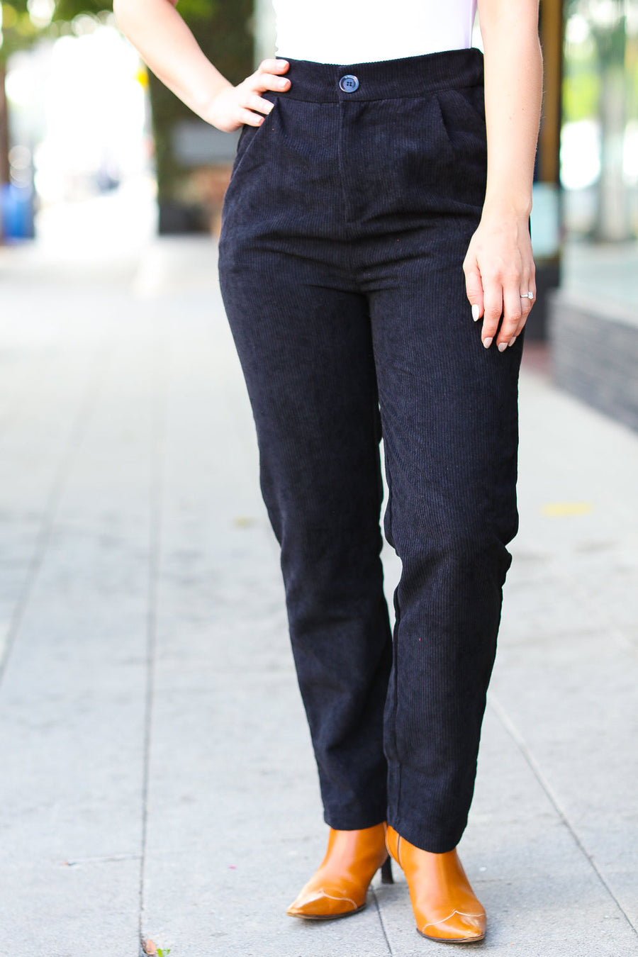 Black High Rise Corduroy Tapered Leg Pants