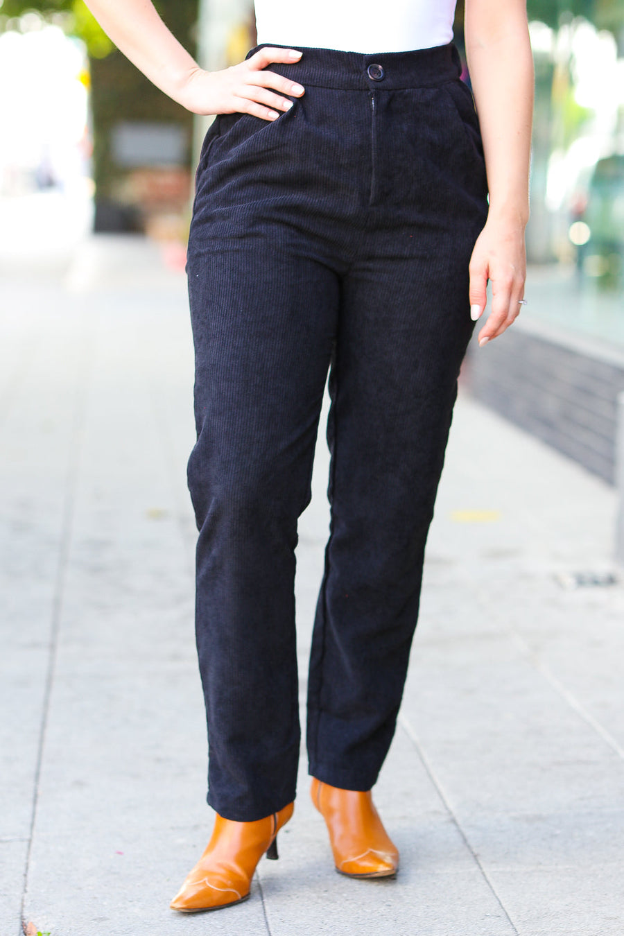 Black High Rise Corduroy Tapered Leg Pants