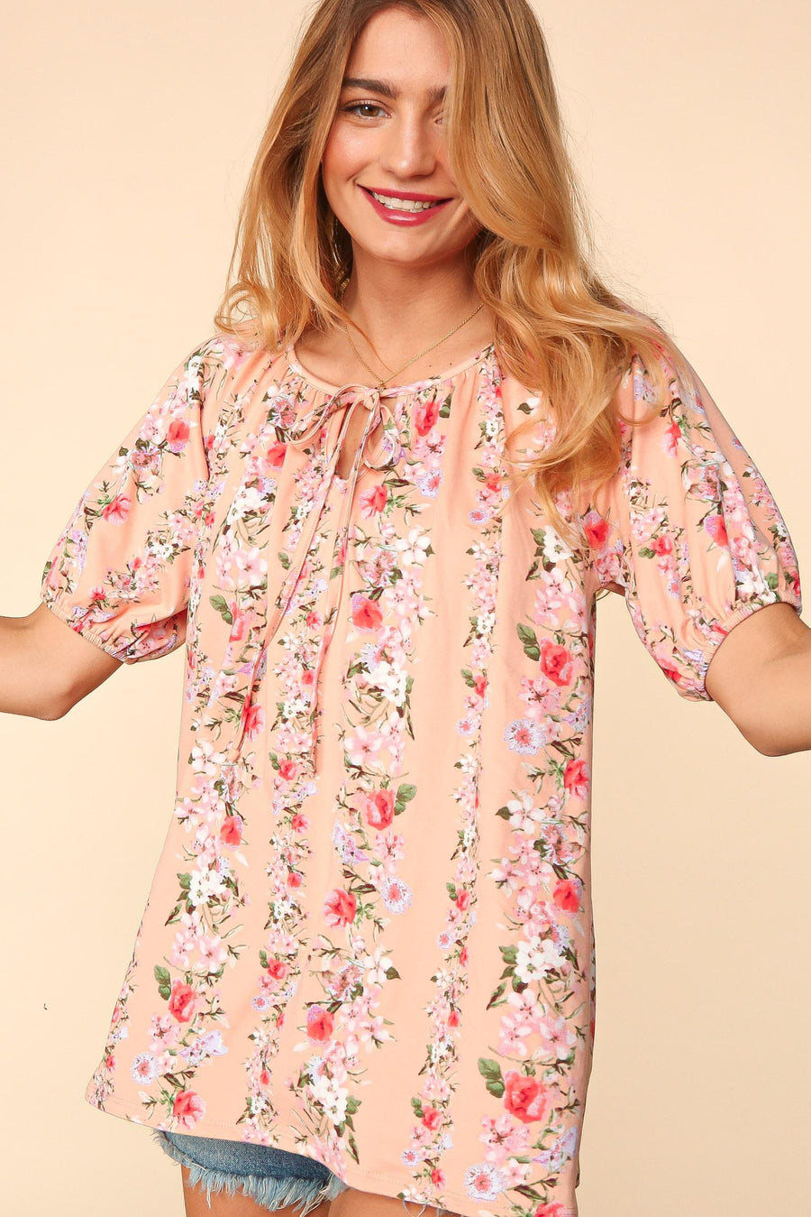 Peach Floral Puff Sleeve Top