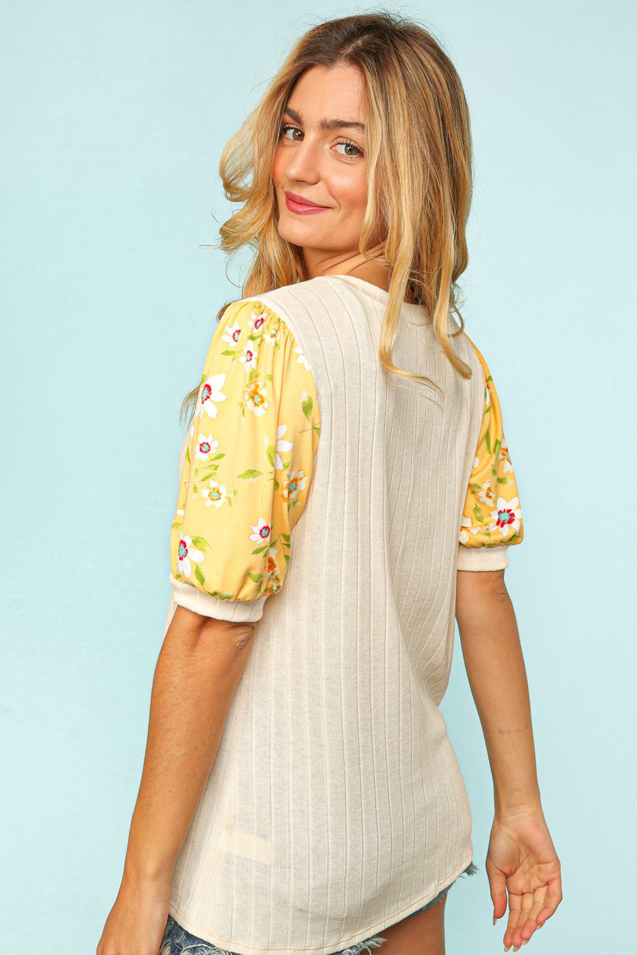 Oatmeal Ribbed Yellow Floral Bubble Sleeve Top
