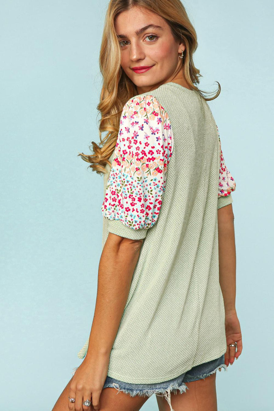 Spring Mint Floral Sleeve Top