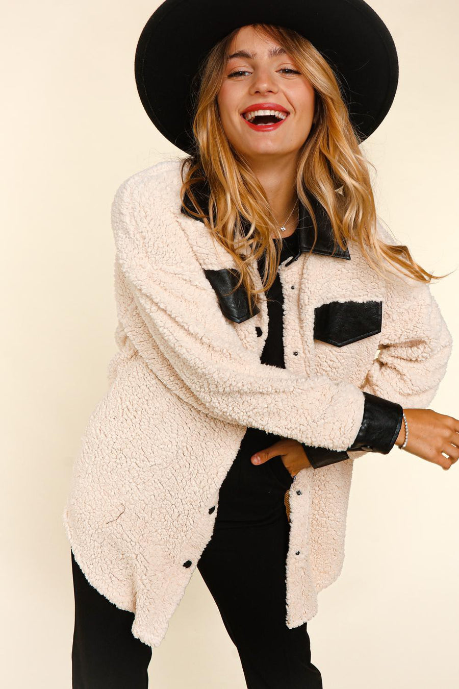 Ivory Sherpa Jacket with Faux Leather