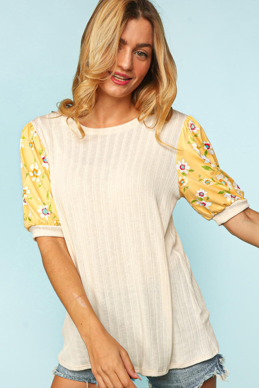 Oatmeal Ribbed Yellow Floral Bubble Sleeve Top