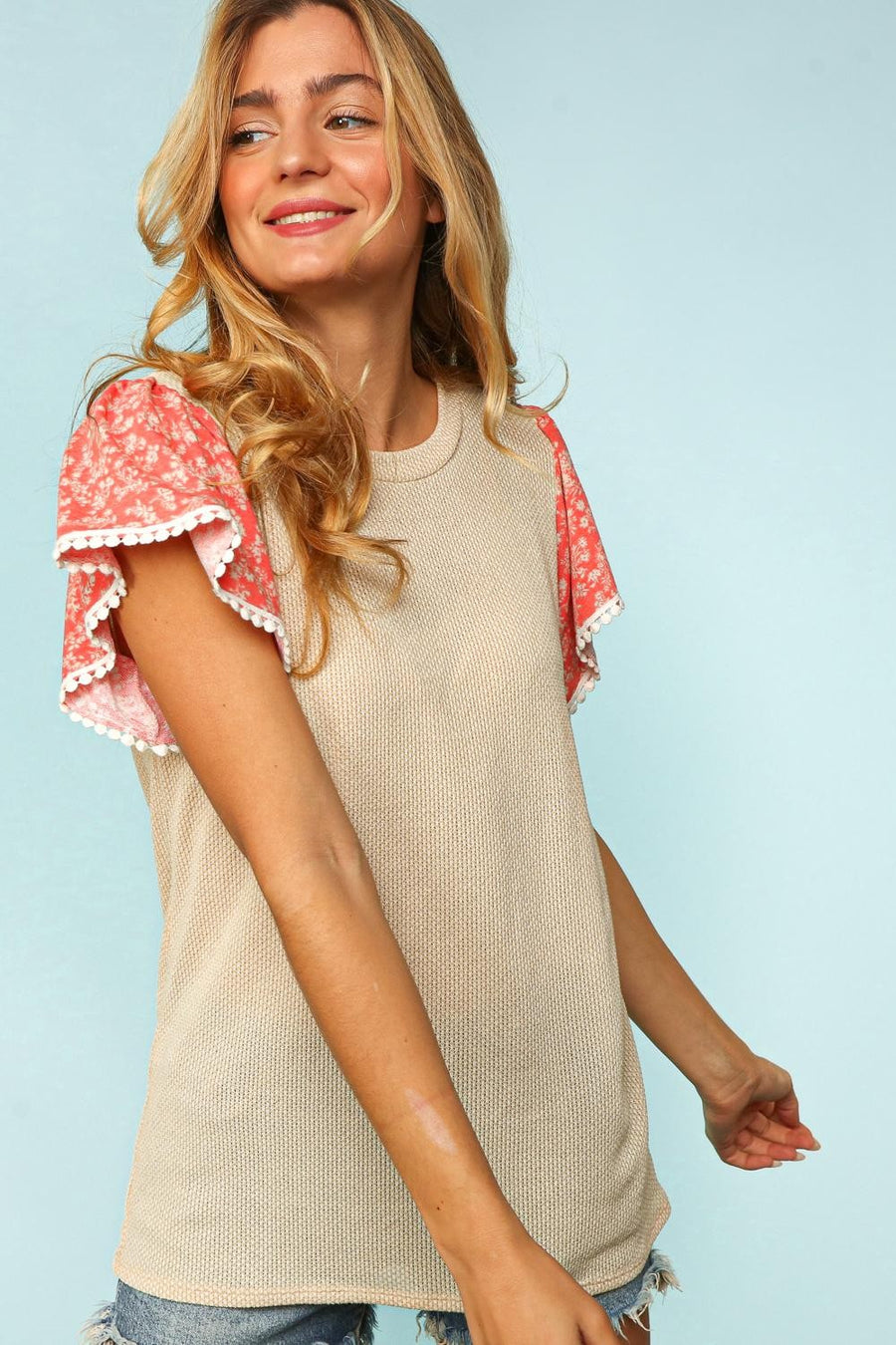 Oatmeal & Coral Sleeve Design Top