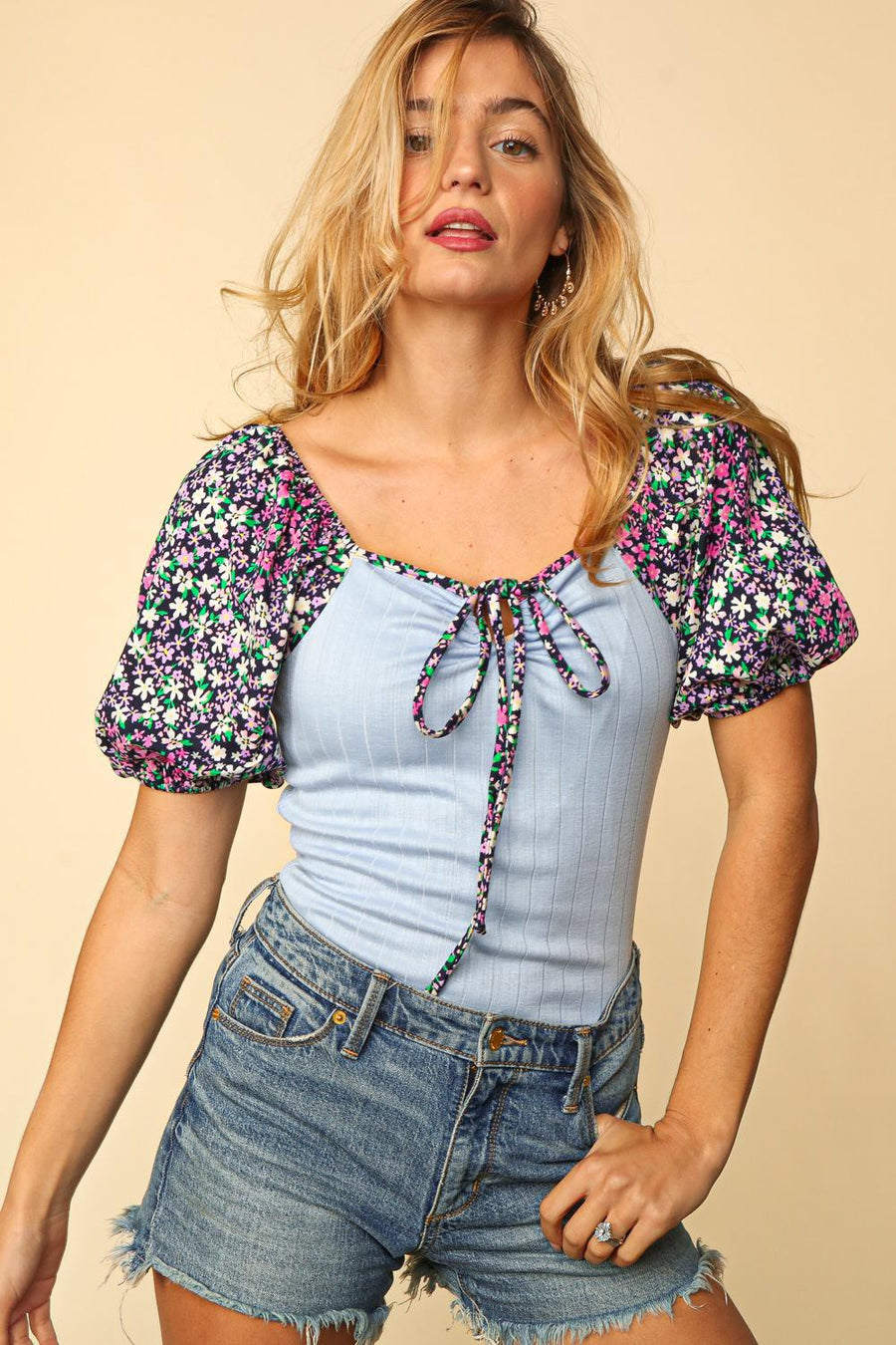 Blue Floral Ruched Sweetheart Top