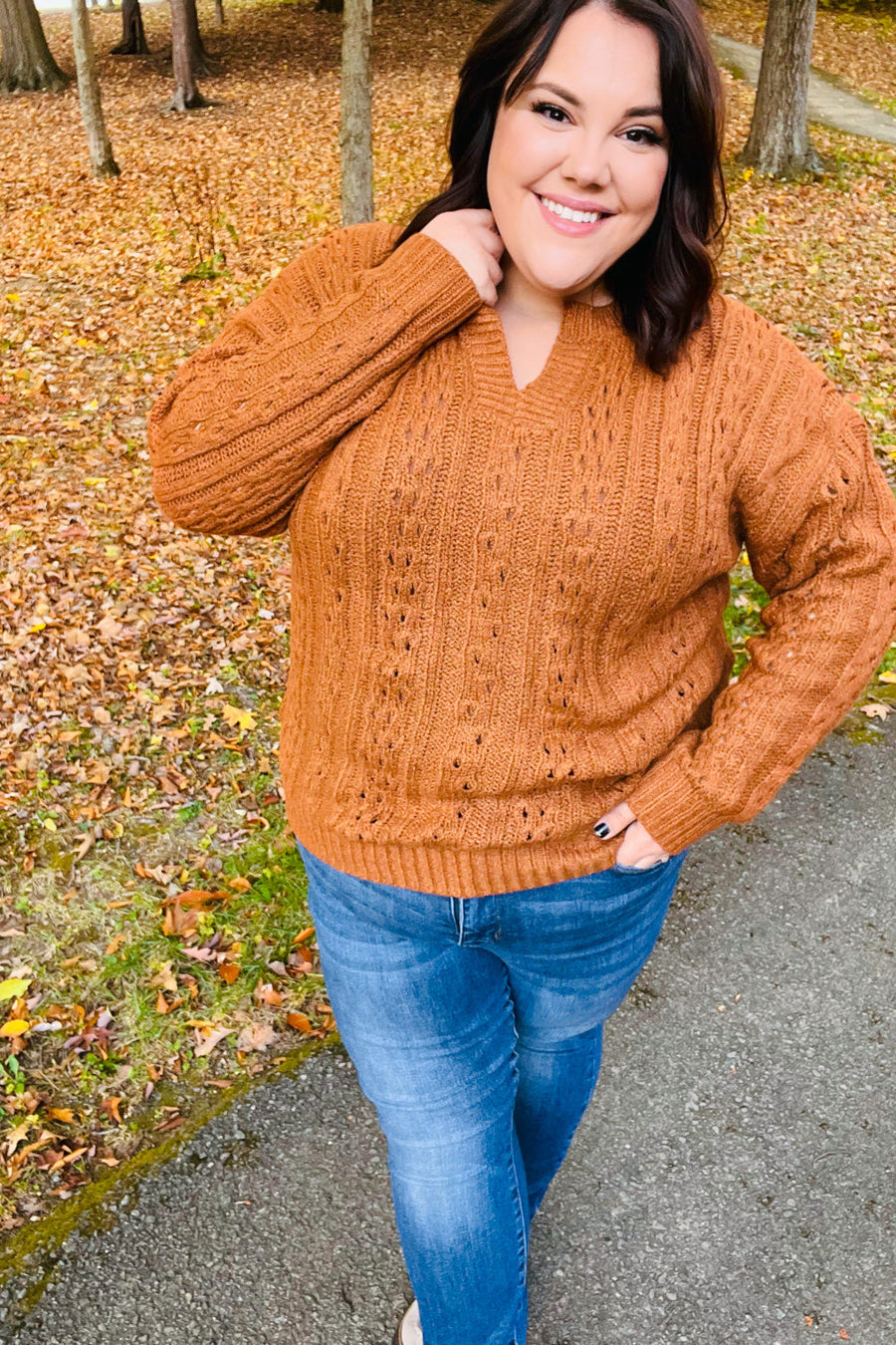 Cable Knit Knotched Neck Pullover Sweater