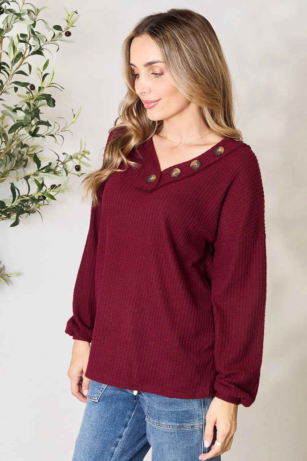 Dark Burgundy Buttoned V Neck Top