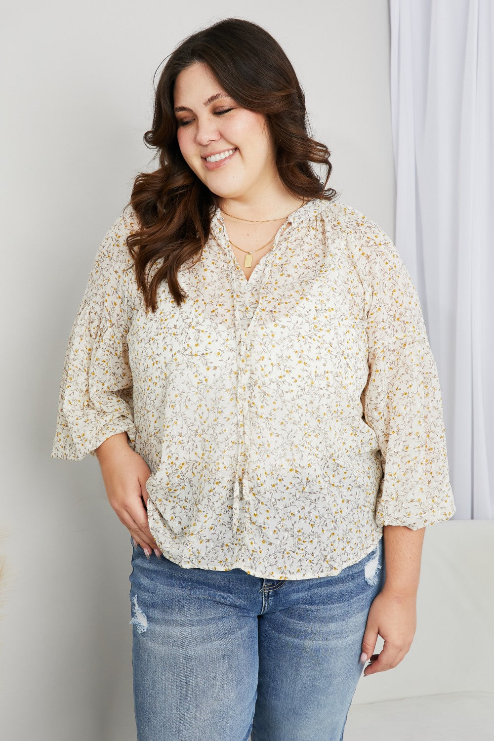 Ivory Floral Balloon Sleeve Blouse