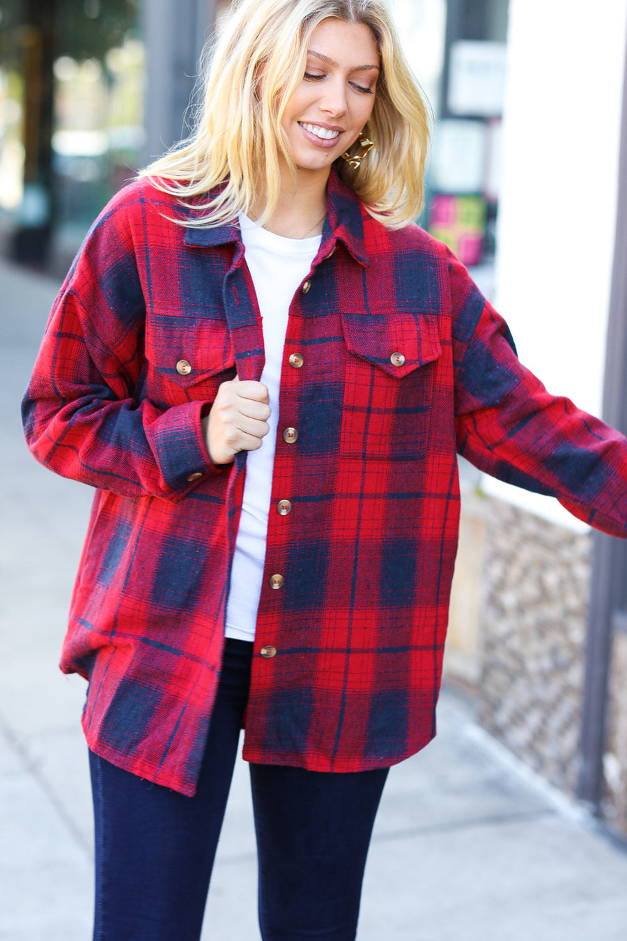Red Plaid Cotton Flannel Jacket with Pockets