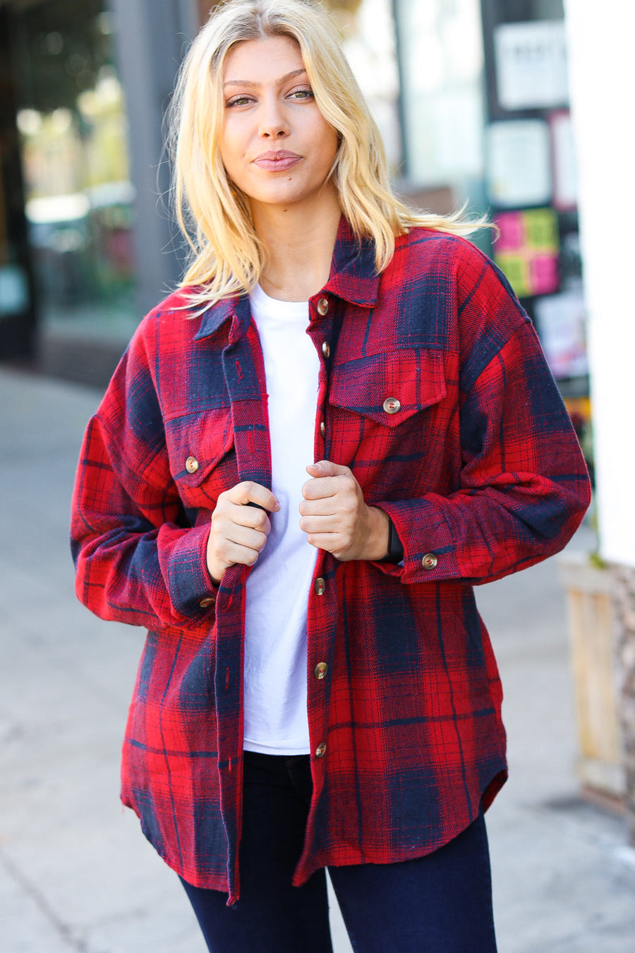 Red Plaid Cotton Flannel Jacket with Pockets