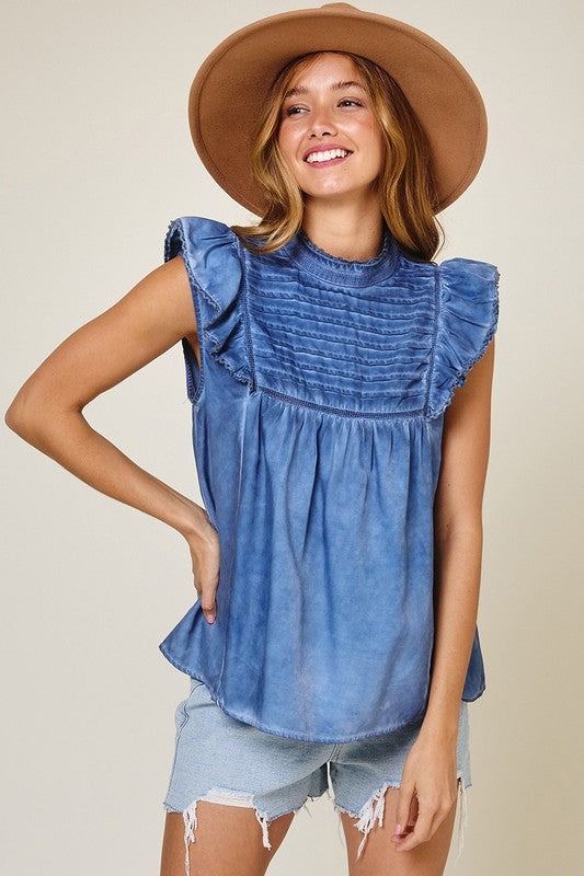 Washed Denim Sleeveless Ruffle Top