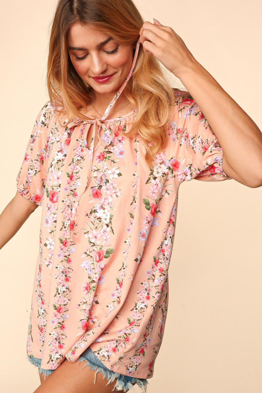 Peach Floral Puff Sleeve Top