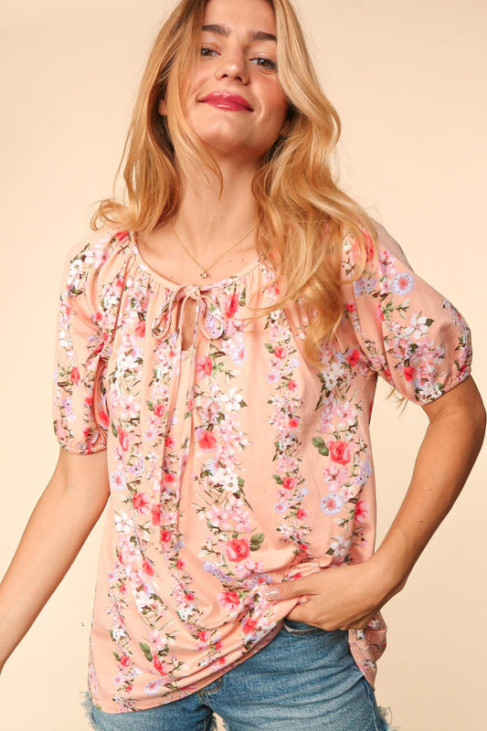 Small Peach Floral Puff Sleeve Top