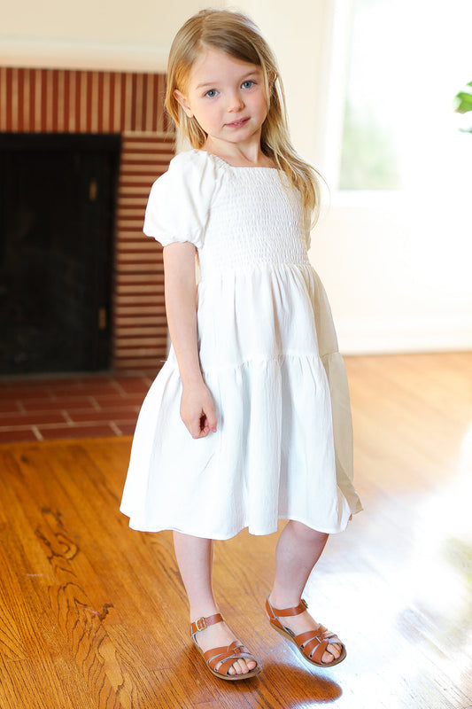 Kids Ivory Ruched Sleeve Tiered Dress