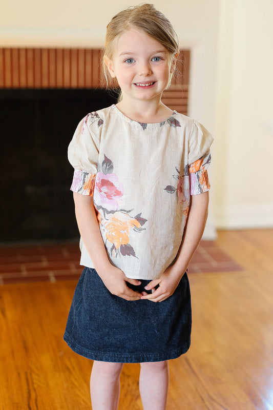 Kids Oatmeal Floral Ruche Sleeve Blouse