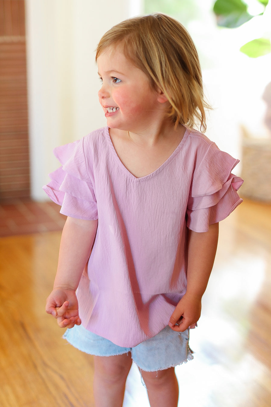 Kids Lavender Flutter Sleeve Blouse