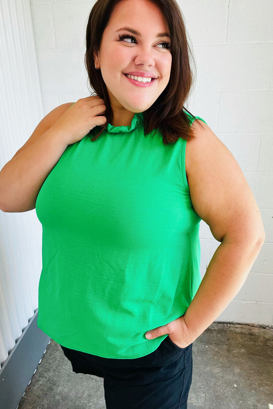 1XL Sea Green Mock Neck Crinkle Top