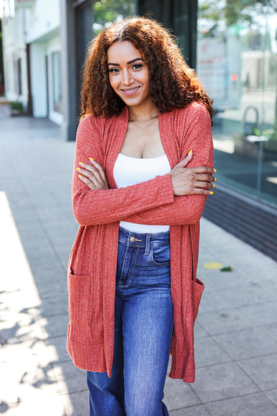 Rust Brushed Ribbed Cardigan