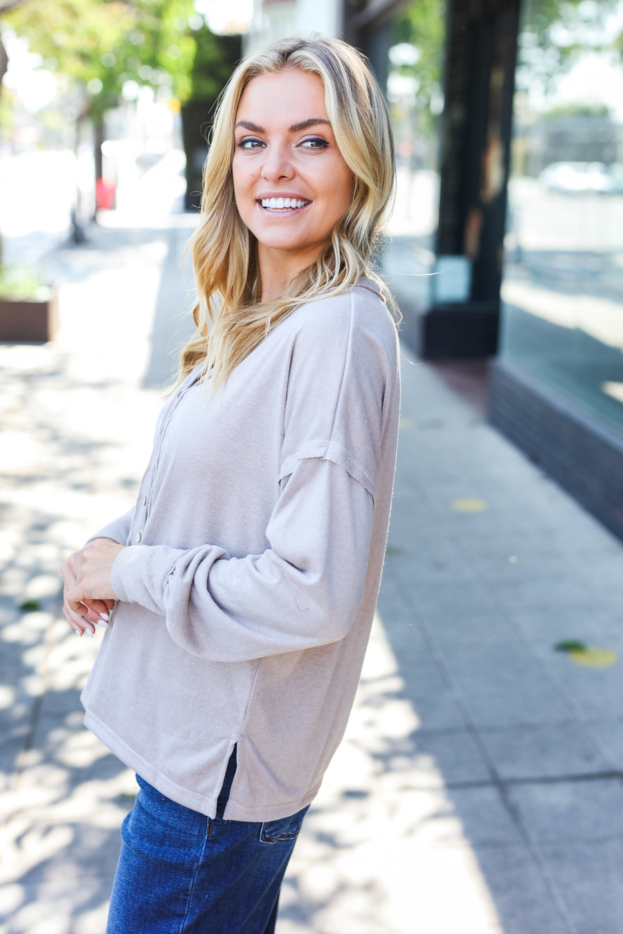 Soft Taupe Button Top