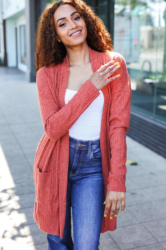 Rust Brushed Ribbed Cardigan