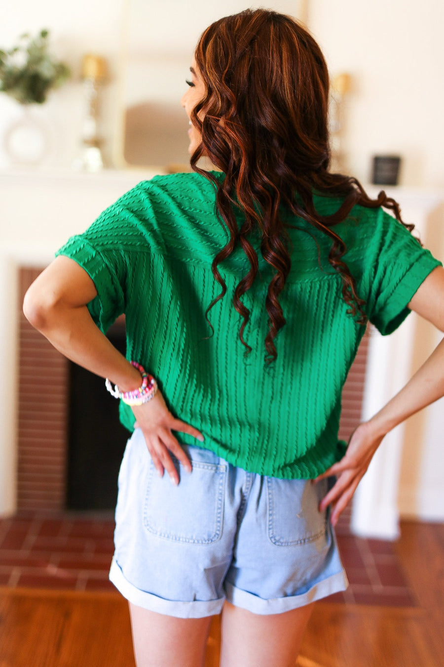 Green Cable Knit Dolman Sleeve Top