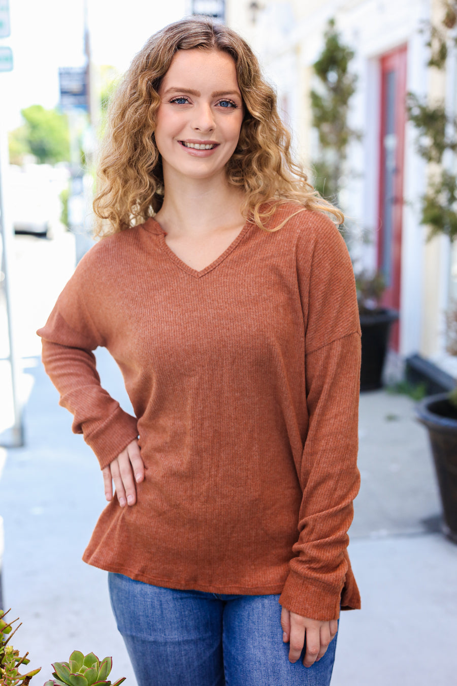 Burnt Orange Ribbed V Neck