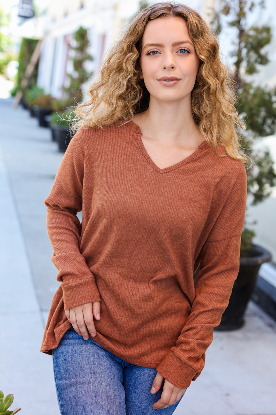 Burnt Orange Ribbed V Neck