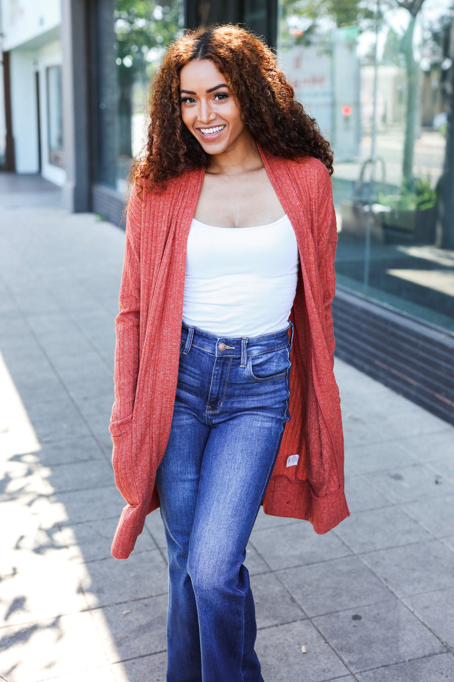 Rust Brushed Ribbed Cardigan