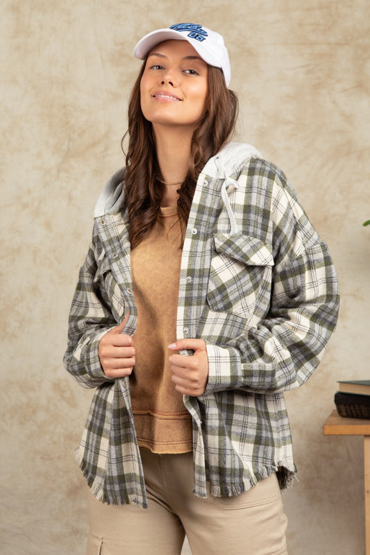 Olive Plaid Frayed Hoodie Jacket