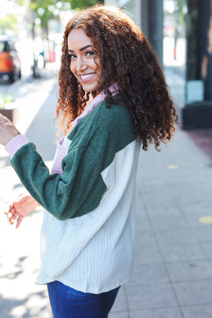 Olive Colorblock Brush Button Up Sweater