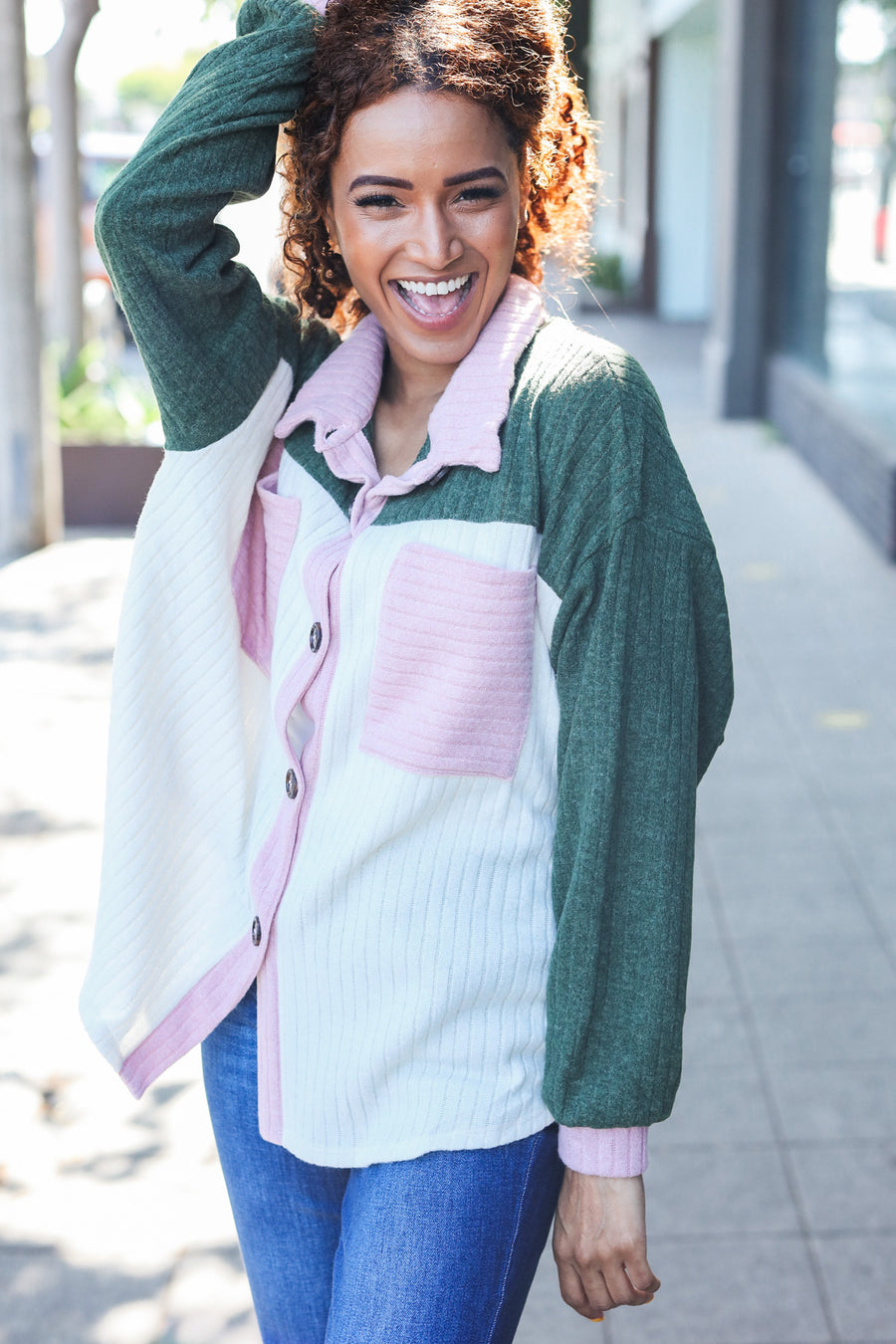 Olive Colorblock Brush Button Up Sweater