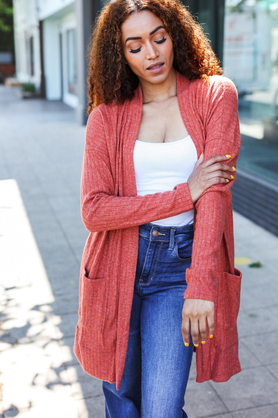 Rust Brushed Ribbed Cardigan