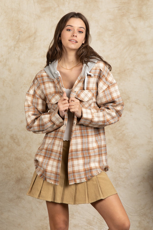 Camel Plaid Frayed Hoodie Jacket