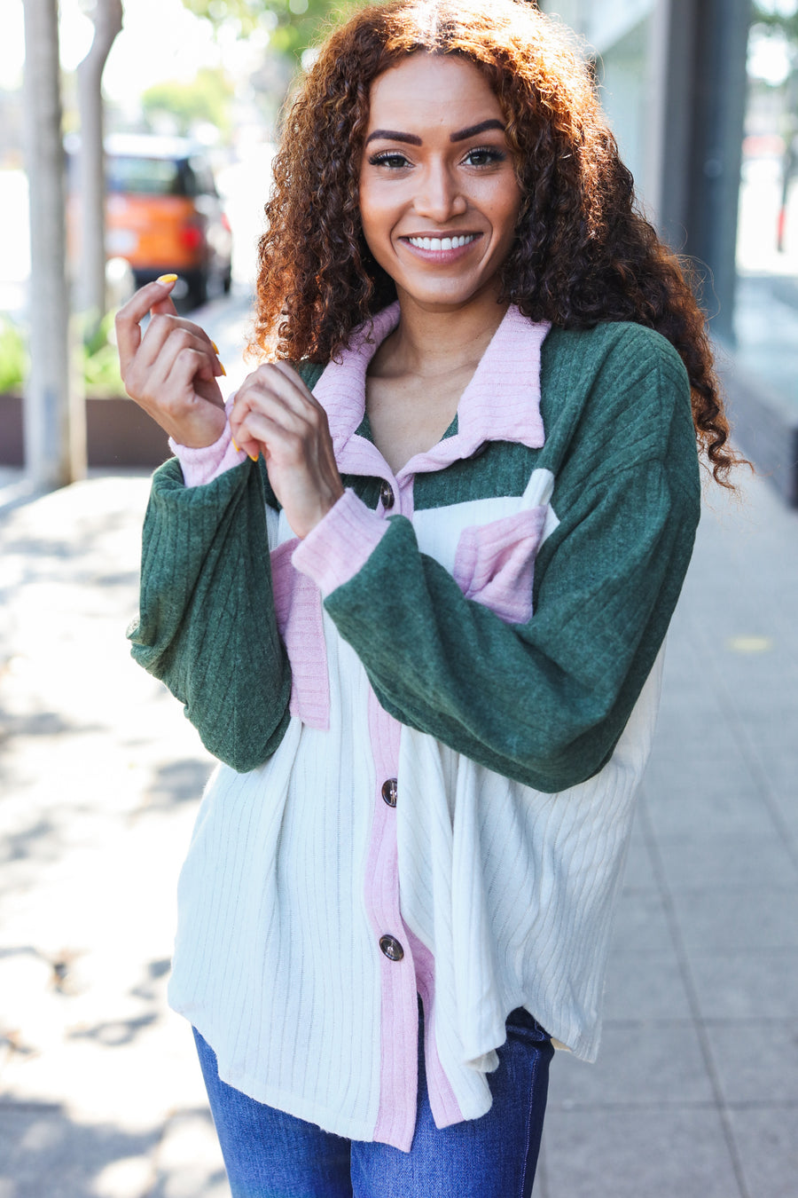 Olive Colorblock Brush Button Up Sweater