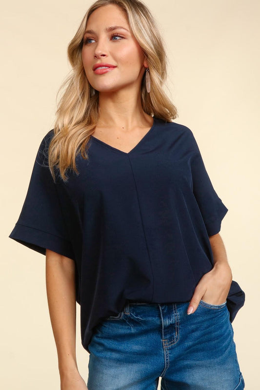 Navy Drop Shoulder Woven Top