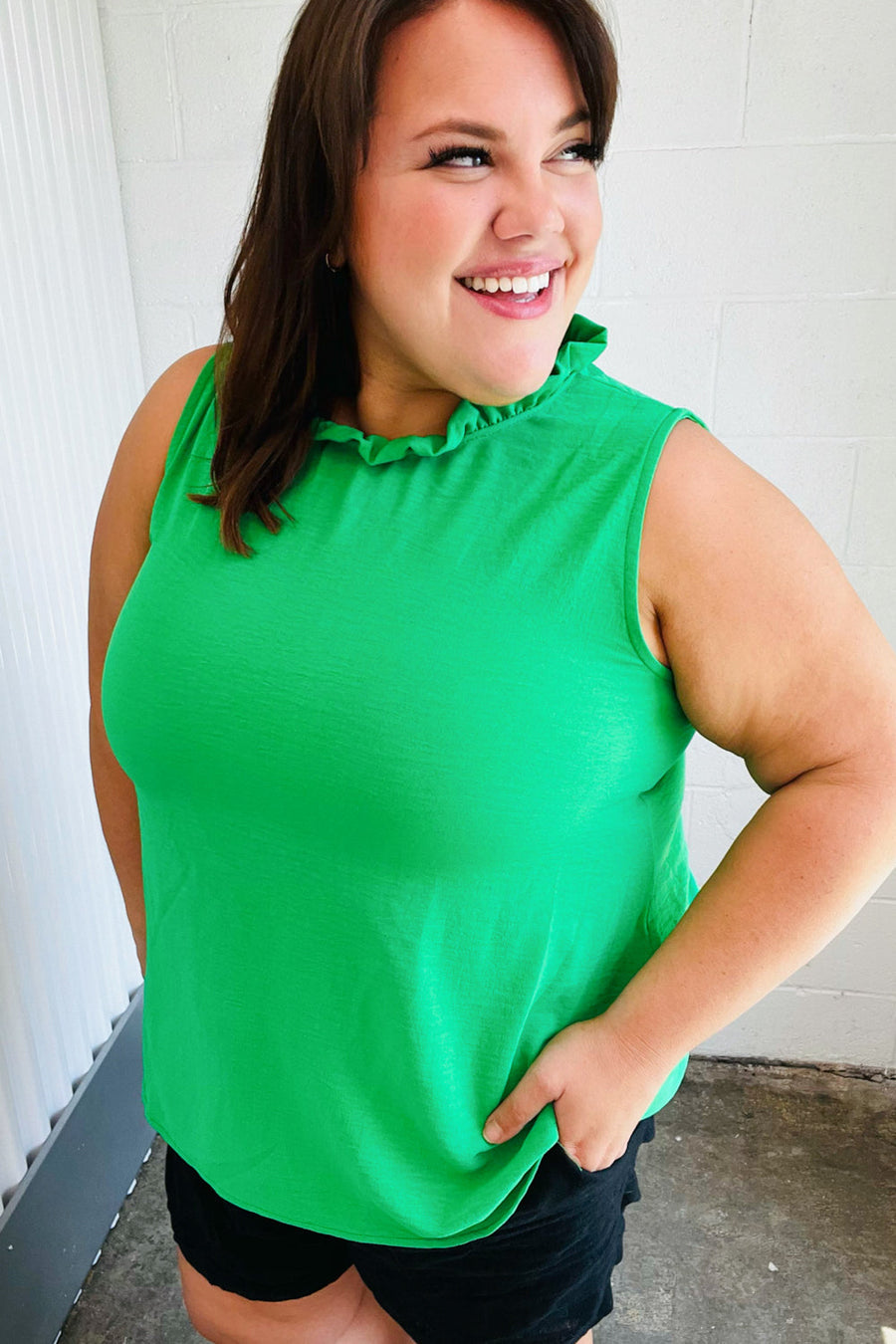 1XL Sea Green Mock Neck Crinkle Top