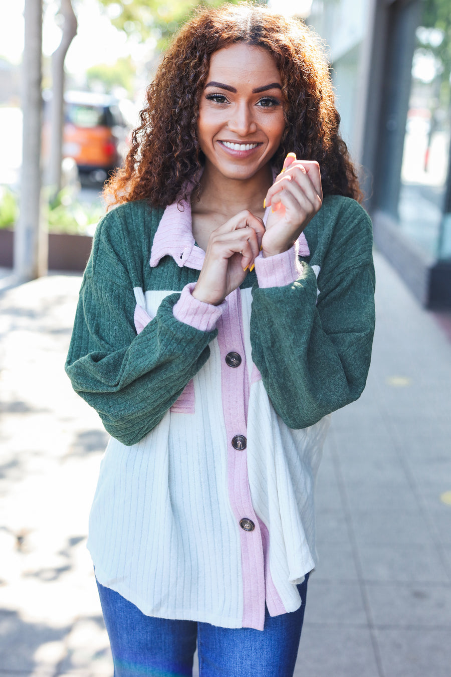 Olive Colorblock Brush Button Up Sweater