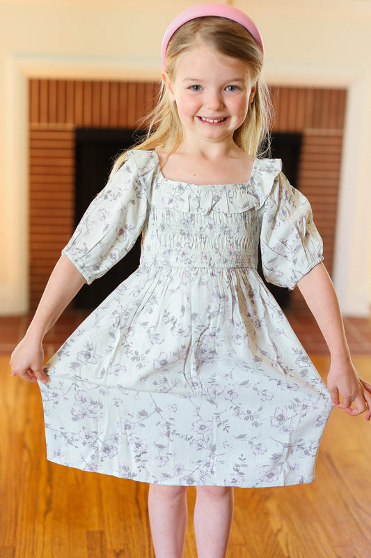 Kids Mint Floral Ruffle Neck Dress