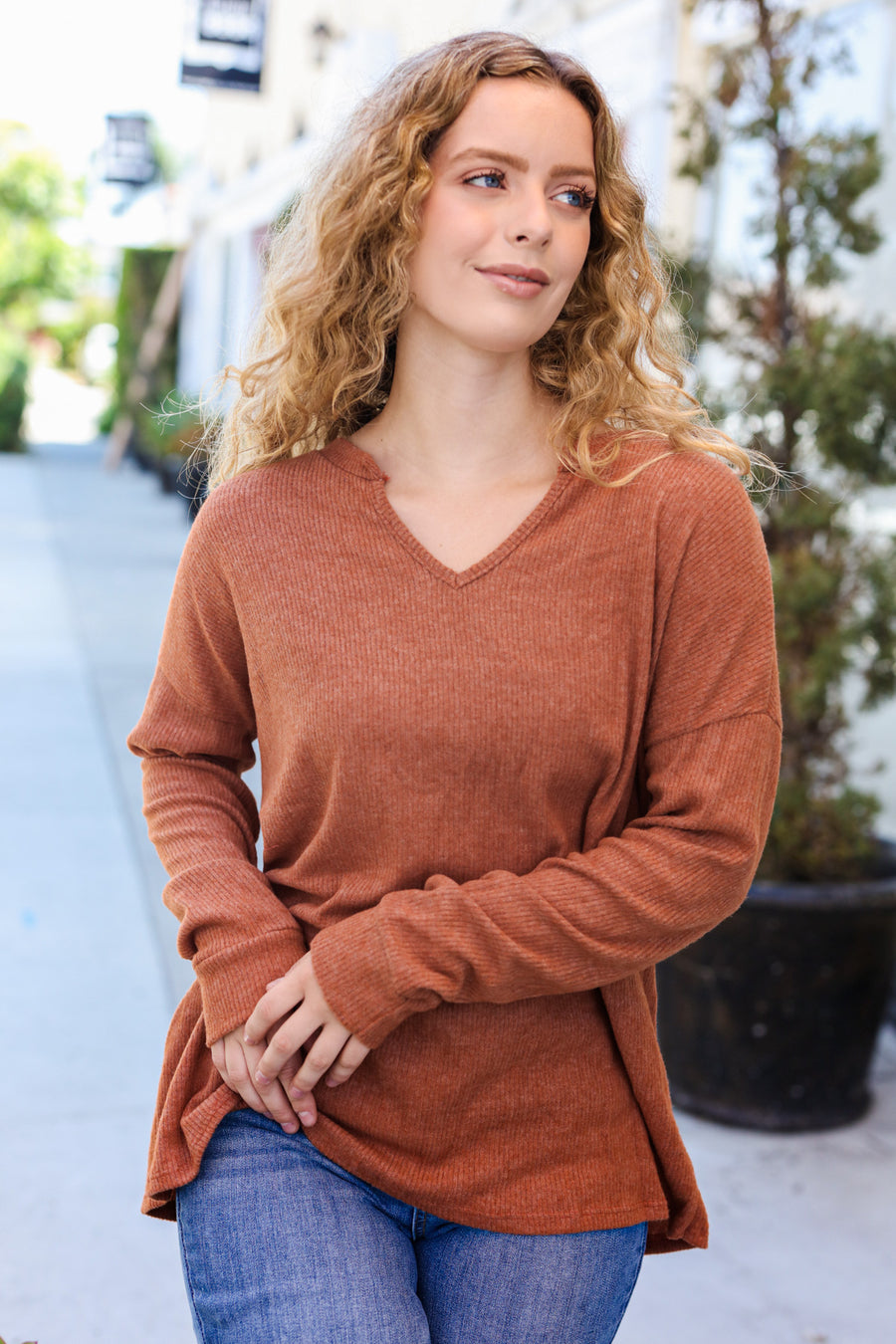 Burnt Orange Ribbed V Neck