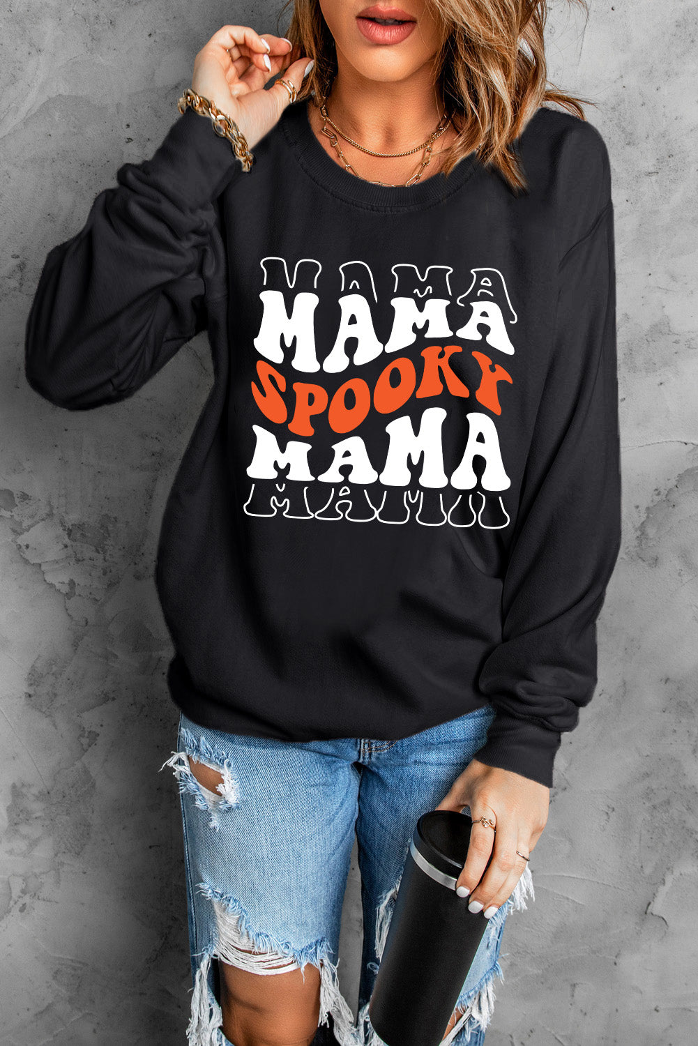 Round Neck Long Sleeve SPOOKY MAMA Sweatshirt