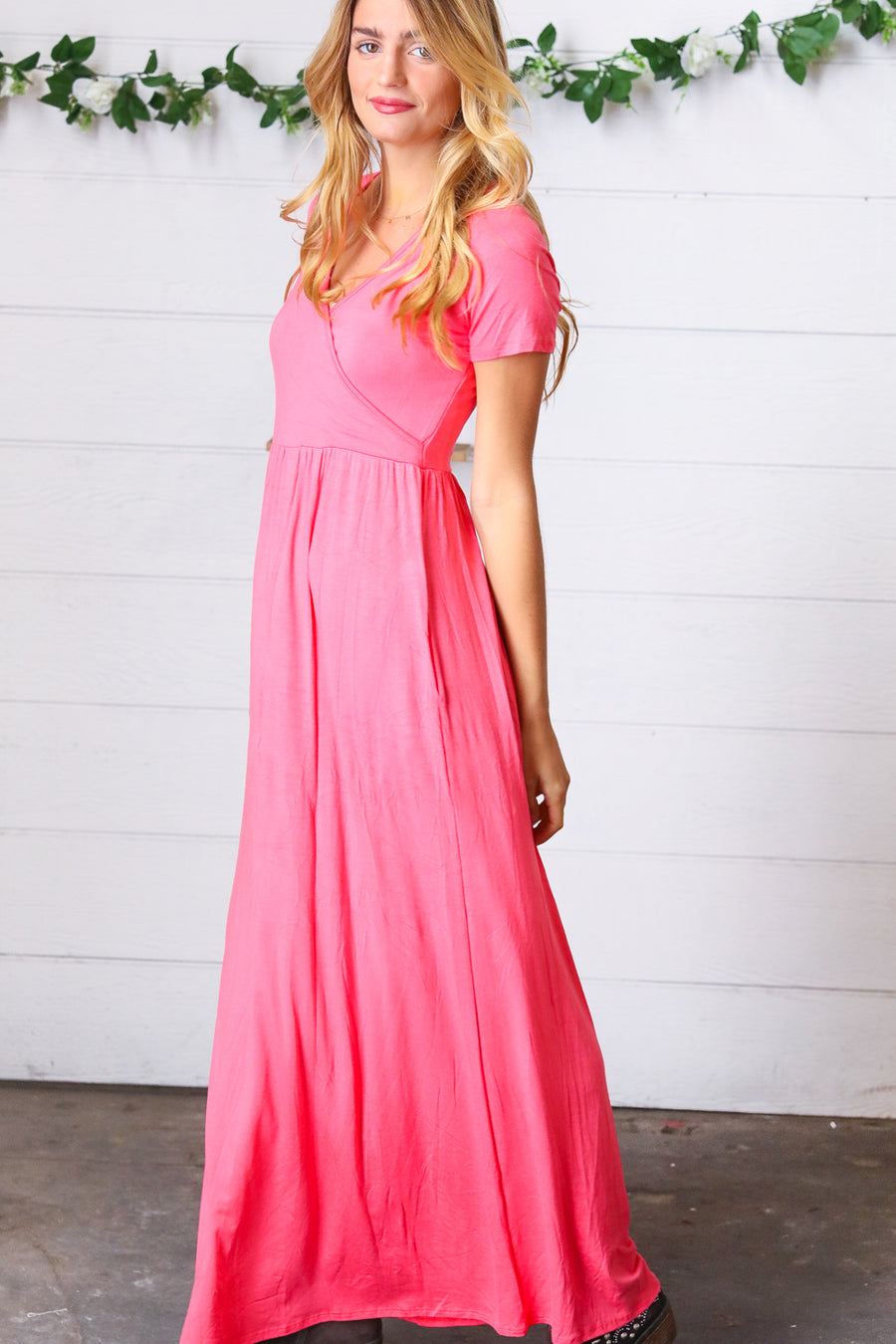 Medium Coral Surplice Maxi Dress with Pockets