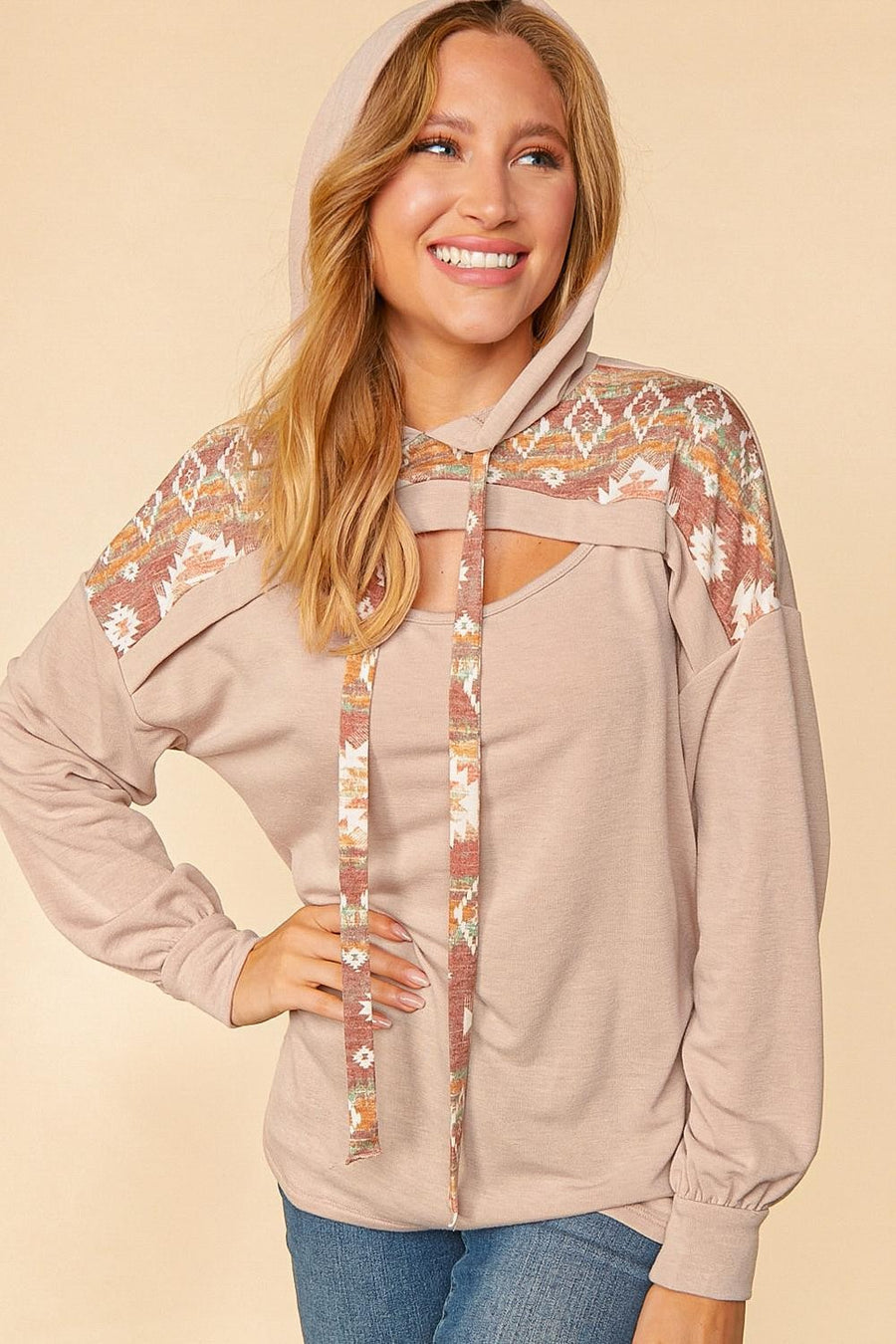 PLUS Taupe Aztec Cutout Hoodie