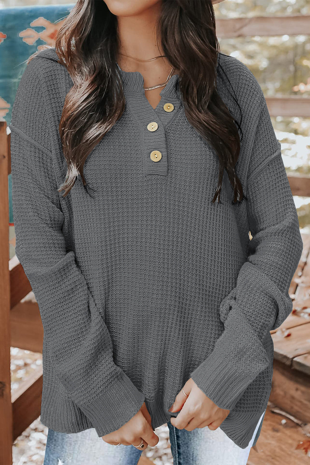 Waffle-Knit Dropped Shoulder Buttoned Sweater