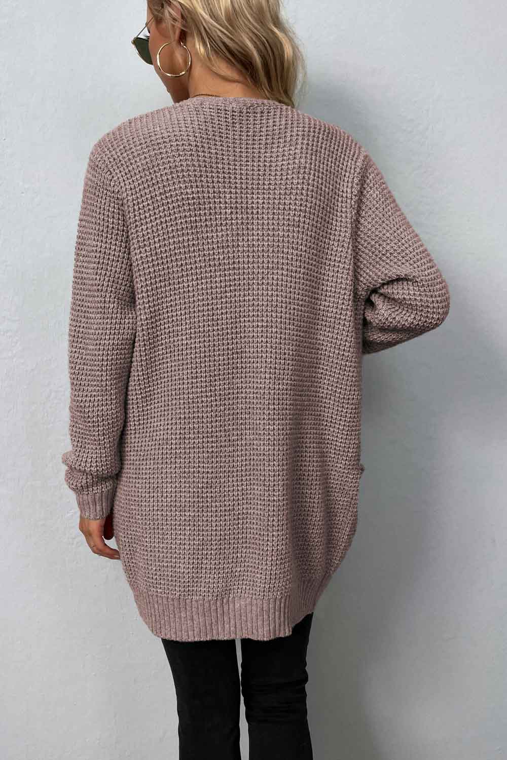 Rib-Knit Open Front Pocketed Cardigan