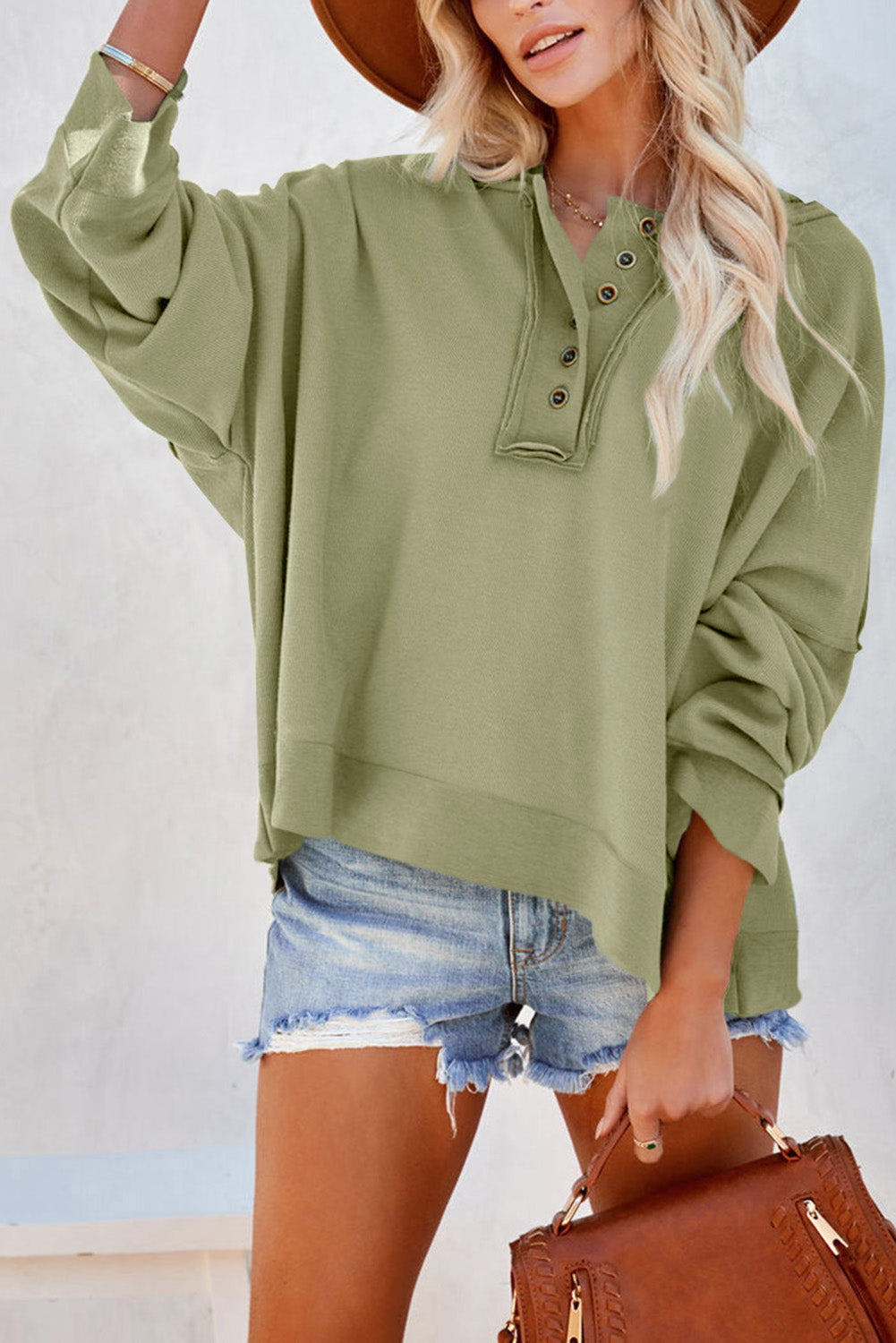Quarter-Button Exposed Seam Dropped Shoulder Hoodie
